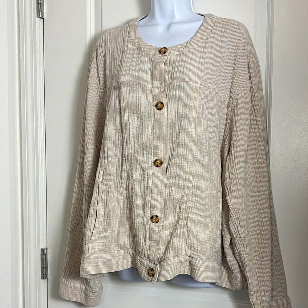 J. Jill Women’s 4X Plus Beige 100% Cotton Woven Button-Up Long Sleeve Top